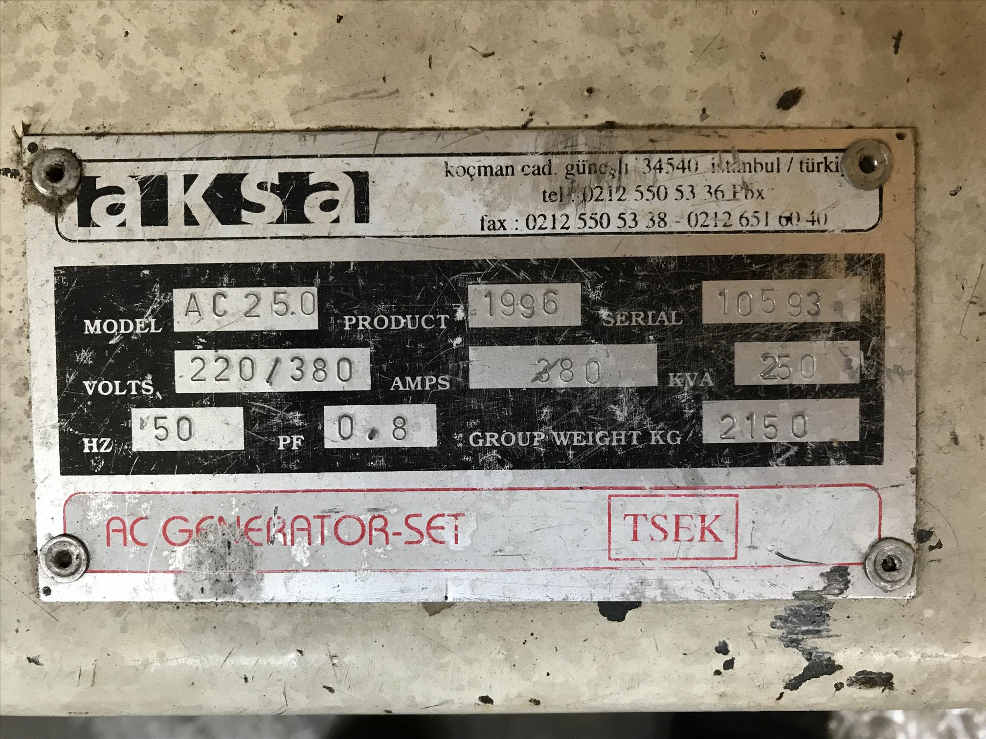 Aksa AC 250 kVA, Cummins Engine, 1996 Model, 839 Hours, Canopy, Automatic without ATS